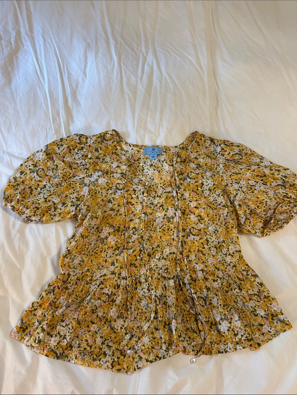 Cecelia Yellow Floral Tie-Front Peplum Top